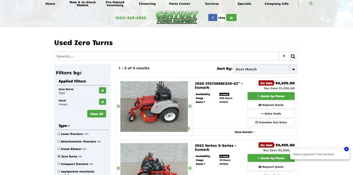 screenshot of the used commercial mowers listings page on the Century Power Equipment website