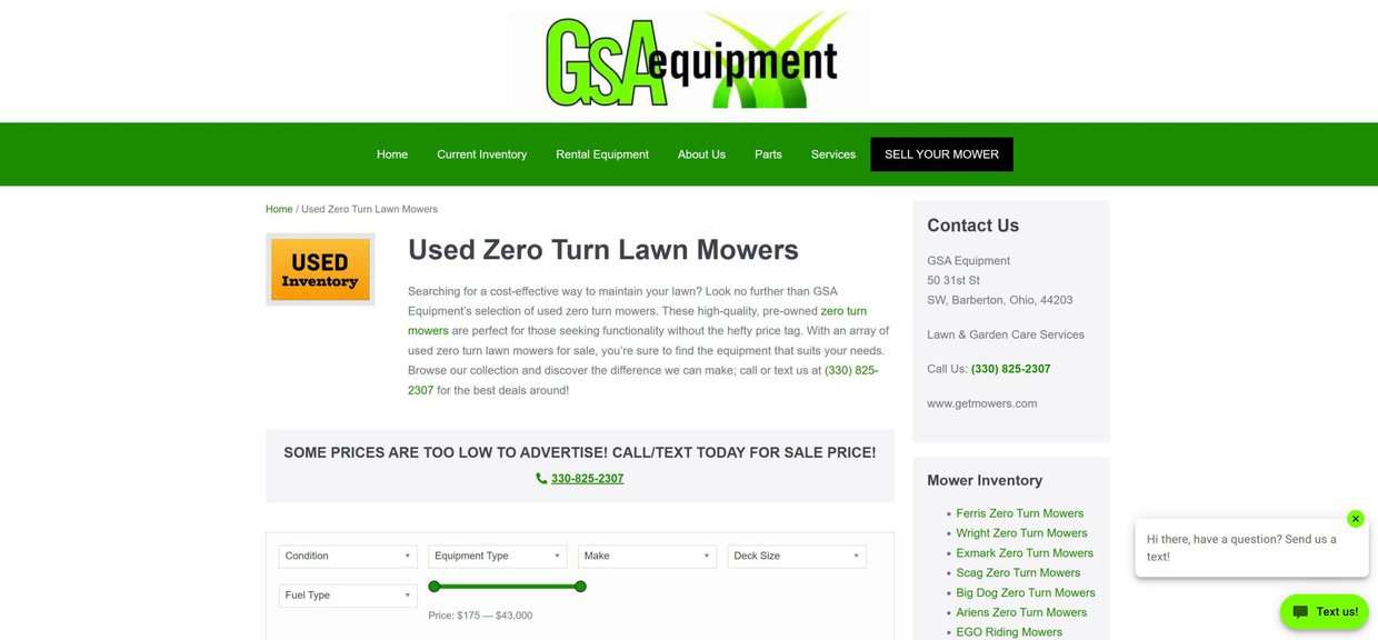 screenshot of the GSA Equipment website homepage