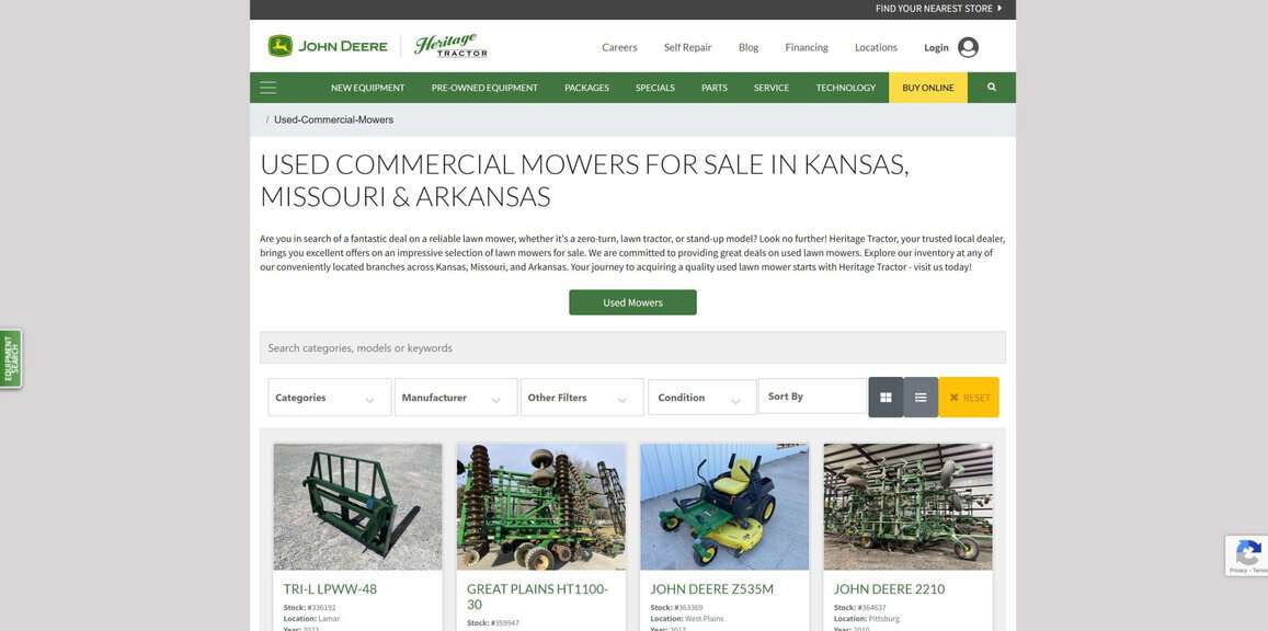 screenshot of the heritage tractor used commercial lawn mowers listings page 