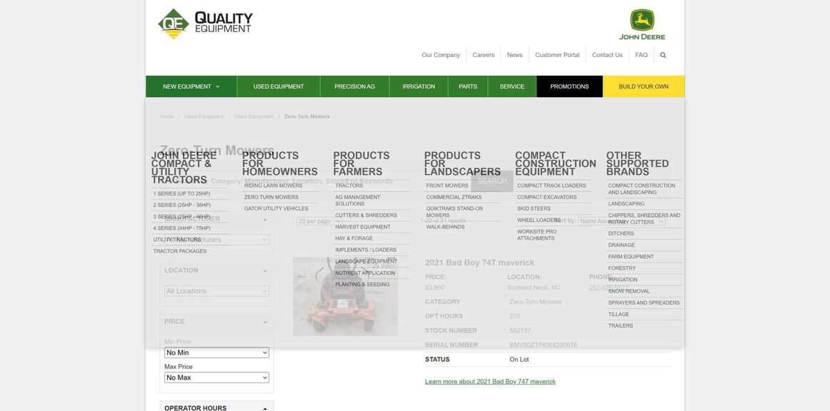 screenshot of the used commerial mowers page on the quality equipment website