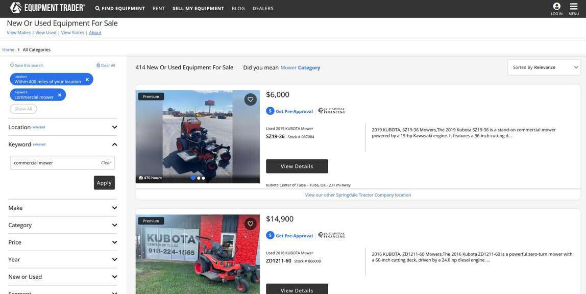 screenshot of the Equipment Trader website used commercial lawn mowers page