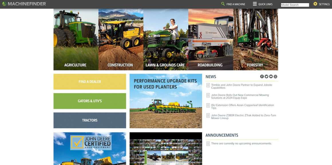 screenshot of the machinefinder website homepage